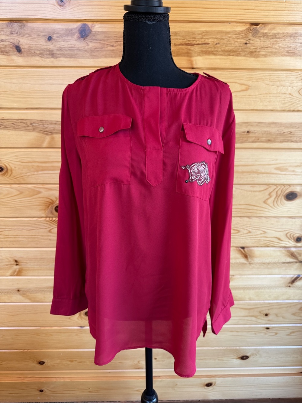 Razorback Long-Sleeve Split-Neck Blouse with Chest Pockets